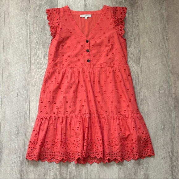 LOFT Coral Eyelet Flutter Sleeve Button Front Dress Sz 4 - Picture 2 of 12